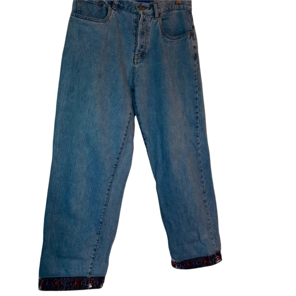 Vintage high rise button closure SO blue jeans embroidered beaded cuffs